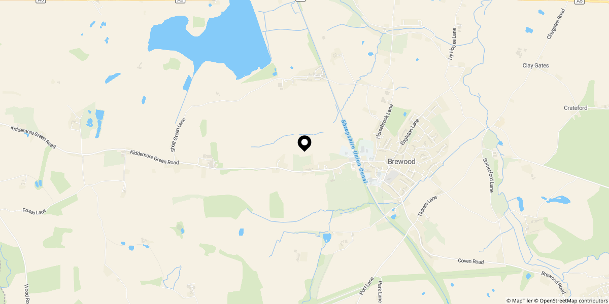 Approximate location of Kiddemore Green Road, Brewood, Stafford, ST19 9BQ