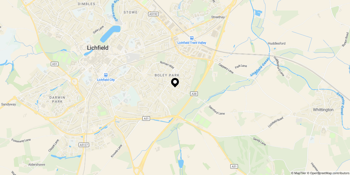 Approximate location of Darnford Lane, Boley Park, Lichfield, WS14 9RW